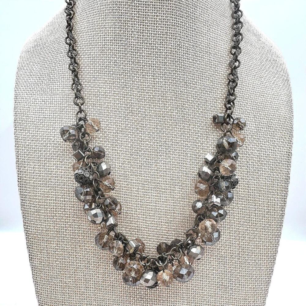 Vintage Gunmetal Tone Cluster Necklace Smoked Glass Faceted Bead Statement 90s